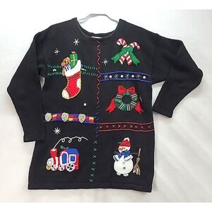 90s Vtg Ugly Christmas Pullover Sweater‎ Womens Petite PL Large Embroidered Knit